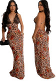 Sexy Lace Patchwork Halter V-neck Low Back Print Slinky Maxi Dress