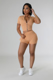 Sexy Solid Short Sleeve Zipper Two Piece Pockets Shorts Set
