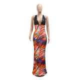 Sexy Lace Patchwork Halter V-neck Low Back Print Slinky Maxi Dress