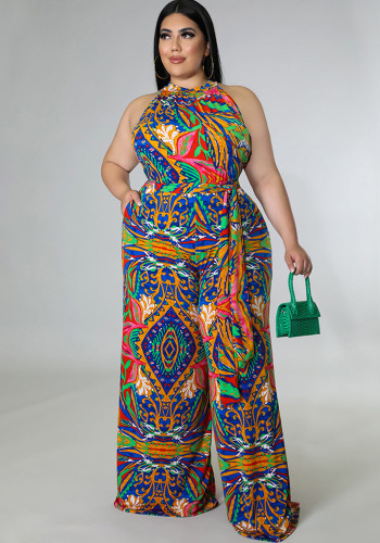 Casual Printed Sleeveless Halter Belted Wide Leg Plus Size Jumpsuit