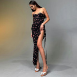 Straps Floral Printed Sexy Mesh Ruflles Lace-up Irregular Dress
