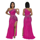 Sexy Slash Shoulder Rhinestone Slit Maxi Dress