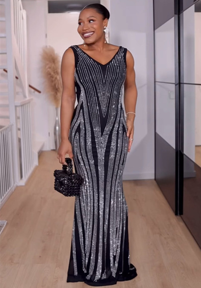 Rhinestone Black V-neck Sleeveless Party Bodycon Maxi Dress