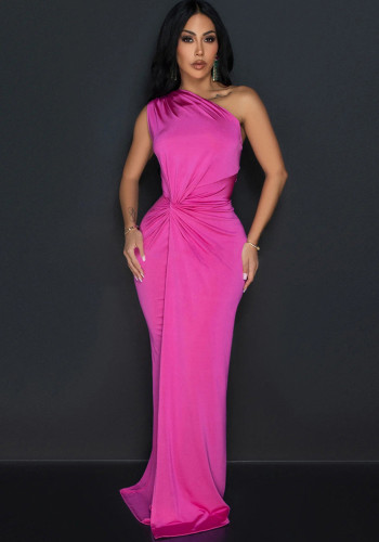 Solid Color Slash Shoulder Twisted Sleeveless Bodycon Maxi Dress
