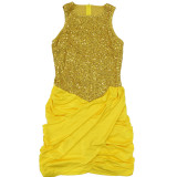 Sexy Yellow Sleeveless Sequin Round Neck Irregular Mini Dress