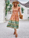 Printed V-Neck Sleeve Shirred Short Sleeve Bohemian Dress