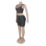 Rhinestone Stretchy Cami Crop Top Bodycon Mini Skirt 2 Piece Set