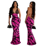Sexy Lace Patchwork Halter V-neck Low Back Print Slinky Maxi Dress