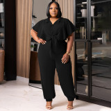 Plus Size Button Tie Front Loose Solid Top + Pants Casual 2PCS Set