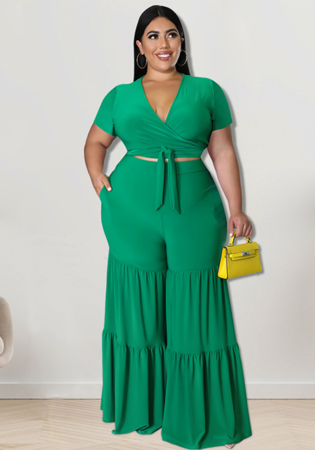 Plus size Soid Top and Wide Leg Pants 2PCS Set