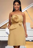 Khaki Sexy Low Back Strapless A-Line Slim Waist Short Party Dress