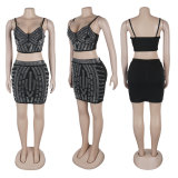 Rhinestone Stretchy Cami Crop Top Bodycon Mini Skirt 2 Piece Set