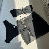 Sexy Solid Strapless Three-piece Swimwear Bikini Set with Mesh Skirt Cover-up
