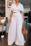 Solid V-Neck Loose Crop Top and Wide Leg Pants 2PCS Set