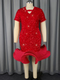 Red Sequin Hollow Short Sleeve Ruffle Party Dress