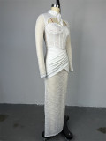 Sexy Hollow Lace Long Sleeve Lace-Up Slit Long Dress