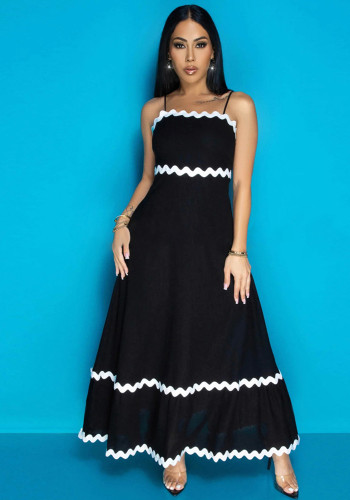 Solid Contrast Wave Ribbon Splicing Cami Maxi Dress