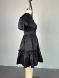 Solid Black V Neck Puff Sleeve Sexy Dress