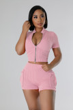 Sexy Solid Short Sleeve Zipper Two Piece Pockets Shorts Set