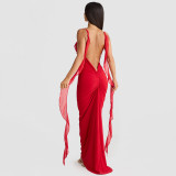 Sexy Ribbon Ruflle Ruched Backless Maxi Dress