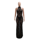 Sexy Halter See Through Lace Open Back Bodycon Maxi Dress