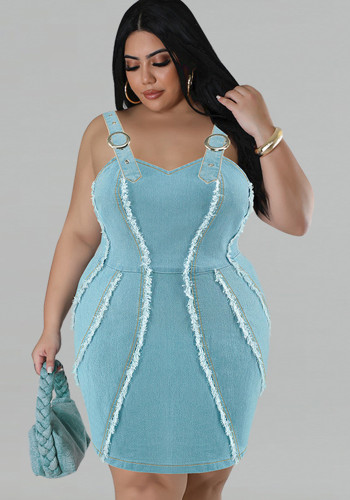 Plus Size Blue Denim Strap Sleeveless Bodycon Dress