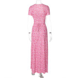 Printed U-neck Lace-Up Short Sleeve Maxi Dress