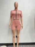 Sexy Solid Short Sleeve Zipper Two Piece Pockets Shorts Set