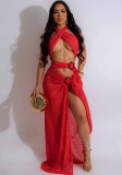 Sexy Halter Neck Mesh Slim High Slit Beach Solid Maxi Dress