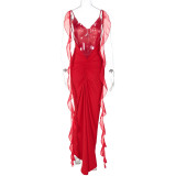 Sexy Ribbon Ruflle Ruched Backless Maxi Dress