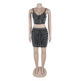Rhinestone Stretchy Cami Crop Top Bodycon Mini Skirt 2 Piece Set