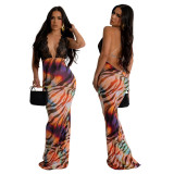 Sexy Lace Patchwork Halter V-neck Low Back Print Slinky Maxi Dress
