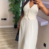 Solid Halter Neck Vest abd Pleated Long Skirt 2PCS Set