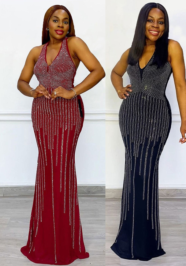 Sexy Rhienstone V-Neck Sleeveless Slim Stretchy Maxi Dress