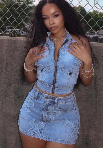 Stylish Stretch Embroidered Denim Vest & Mini Skirt 2PCS Set