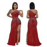 Sexy Slash Shoulder Rhinestone Slit Maxi Dress