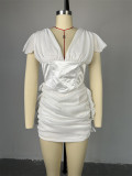 Chic V-Neck Short Sleeve Patchwork Ruched Mini Dress