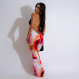 Sexy Lace Patchwork Halter V-neck Low Back Print Slinky Maxi Dress