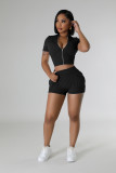 Sexy Solid Short Sleeve Zipper Two Piece Pockets Shorts Set