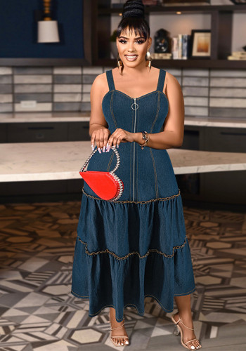 Plus Size Dark Blue Zipper Sleeveless Wide Straps Long Denim Dress
