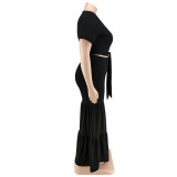 Plus size Soid Top and Wide Leg Pants 2PCS Set