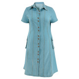 Plus Size Turndown Collar Short Sleeve Button Down Pockets Denim Long Dress