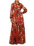 Printed Long Sleeve Elegant Maxi Shirt Dress