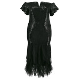 Plus Size Off Shoulder Sequin Patchwork Ruffle Long Dress