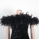 Sexy Sequin Feather Off Shoulder Ruched Party Bodycon Dress