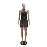 Rhinestone See-Through Low Back Mesh Halter Neck Sexy Club Dress