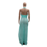 Sexy Halter Neck Mesh Slim High Slit Beach Solid Maxi Dress