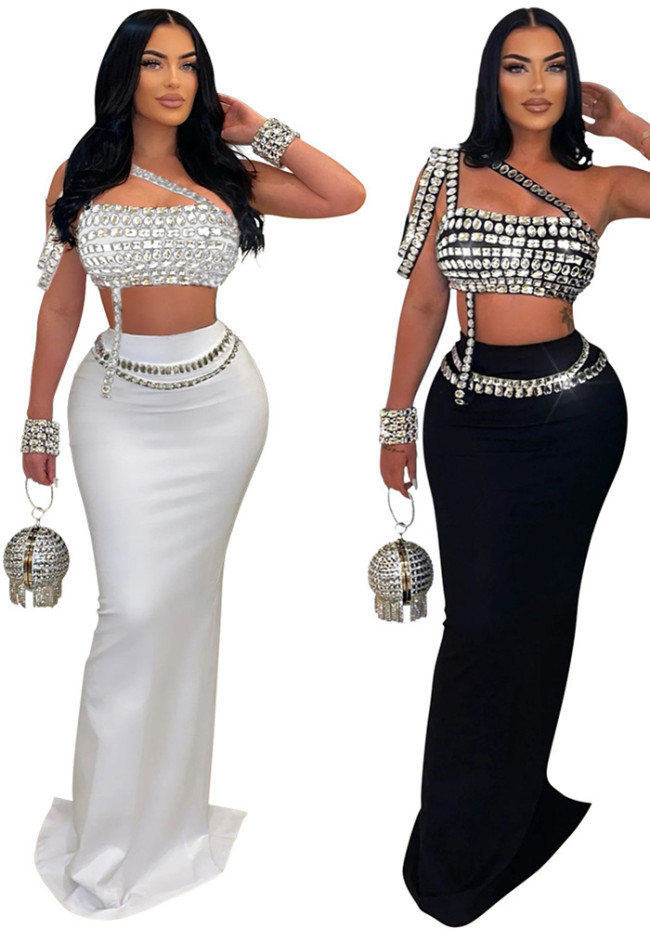 Beaded One Shoulder Crop Top and Bodycon Long Skirt