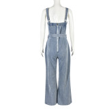 Stylish Sexy Straps Ripped Washed Denim Jumpsuit