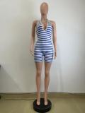 Striped Print Halter Neck Lace-up Back Sexy Romper